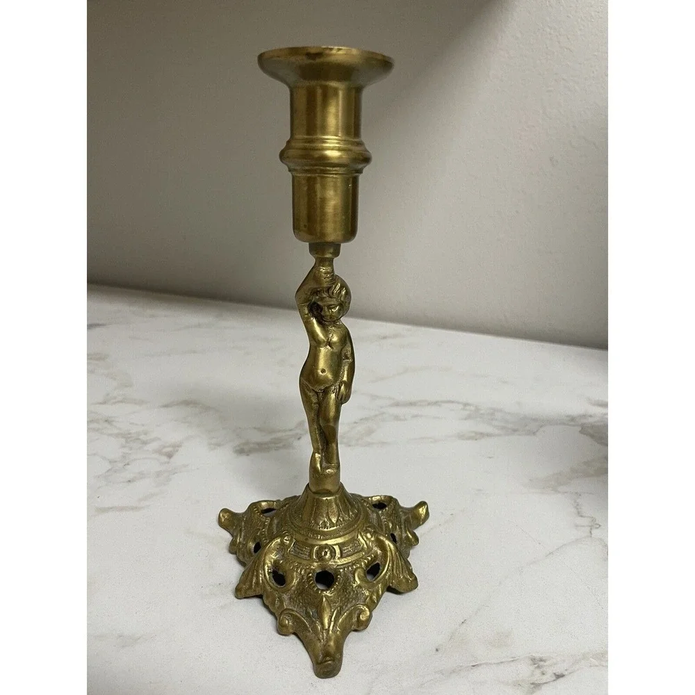Vintage Brass Putti Cherub Candleholder Candle Stick Tripod Base 8.25